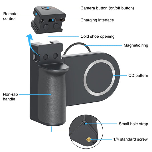 Magnetic Snapgrip Phone Hand Grip for Magsafe Handheld Bluetooth Remote Control Handle Shutter W/ 1/4" Screw Tripod Mount