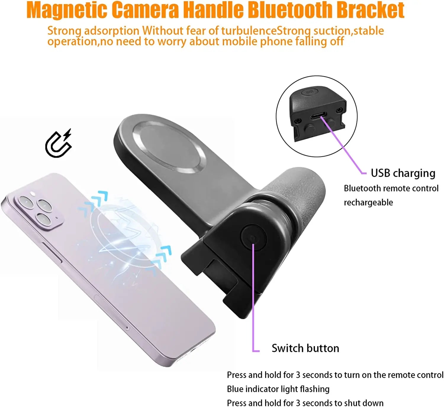 Magnetic Snapgrip Phone Hand Grip for Magsafe Handheld Bluetooth Remote Control Handle Shutter W/ 1/4" Screw Tripod Mount